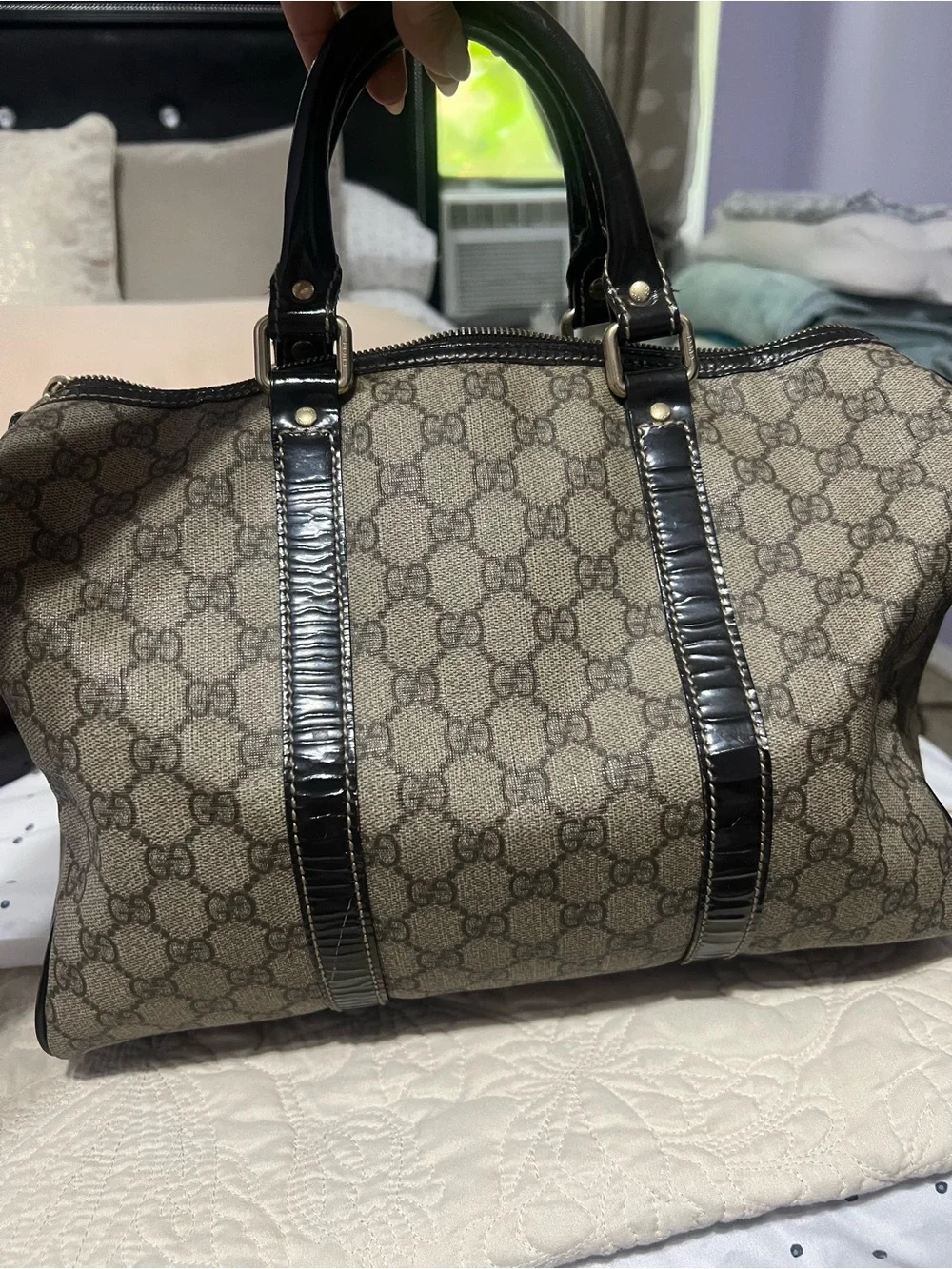 GUCCI Brown Monogram Satchel Bag with Black Patent Trim- vintage